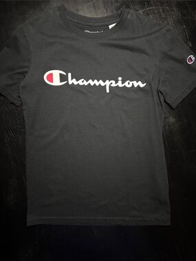 Champion Black Tee with White Script and Red Logo